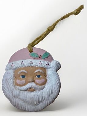 Lot of 12 Vintage Terra Cotta Santa Face Ornaments Pink Hand Painted Jute Twine